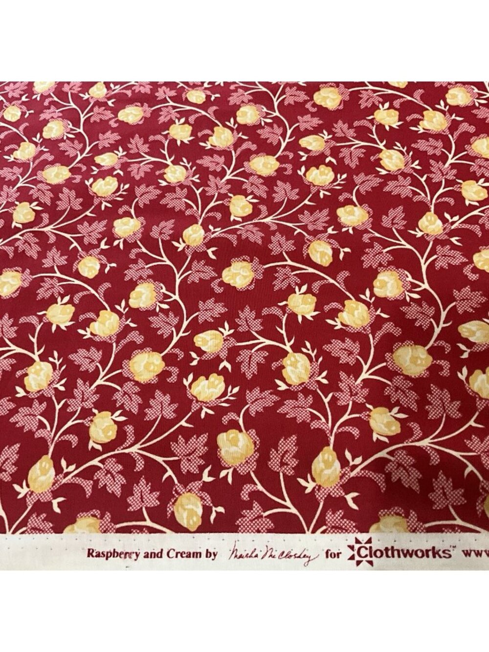 Clothworks Raspberry and Cream Cotton Floral Fabric Deisgned  Marsha McCloskey